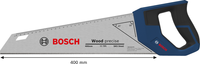 Cưa tay Bosch 400 mm, 11 răng/inch, dùng để cắt gỗ.